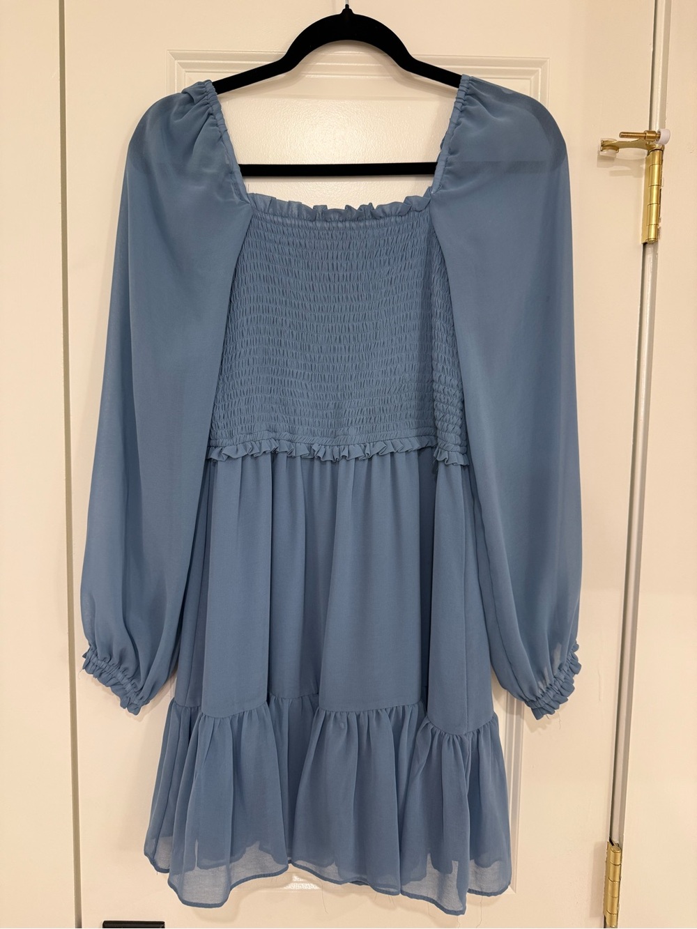 1. State Dusty Blue Smocked Square-Neck Long-Sleeve Mini Dress